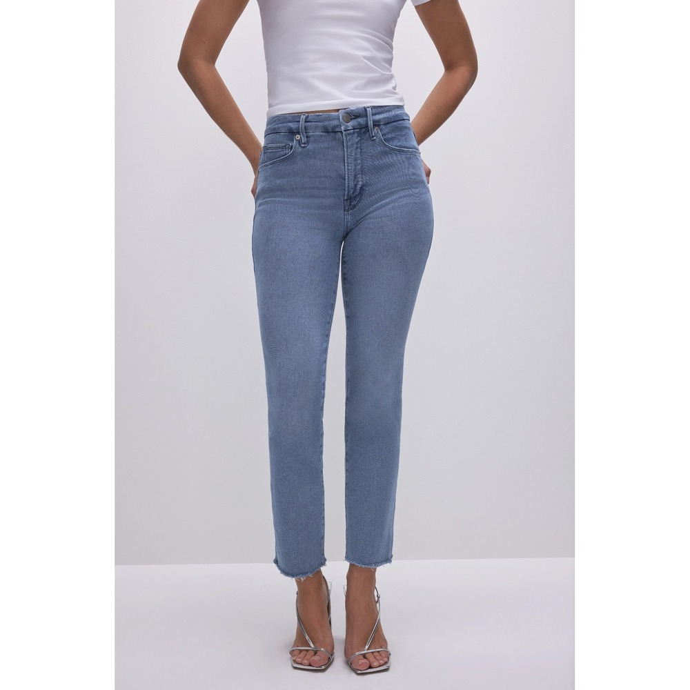 Good American High Rise Straight Leg Raw Hem Jeans Blue Denim Size 2/26